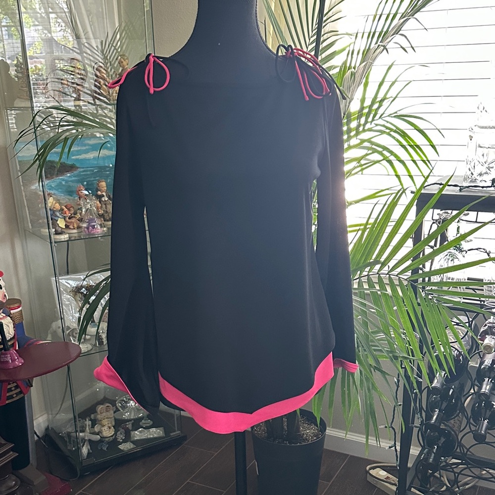 Saks Fifth Avenue Black Blouse with Pink Trim and Shoulder Ties